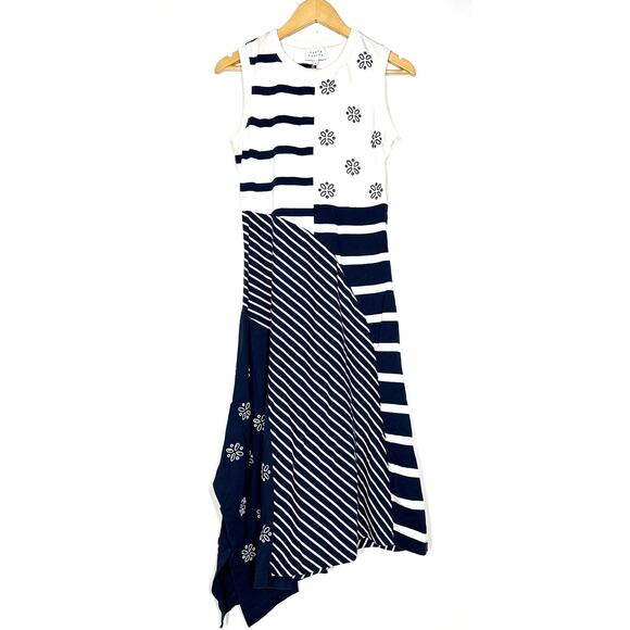 Tanya Taylor Cassidy Dress Patchwork Striped Eyelet Midi Maritime Blue Multi M - Picture 2 of 7